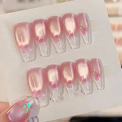 Aiertu 10pcs Aurora Cat Eye Coffin Handmade Press on Nails Cherry Blossom False Nails Sweet French Tip Nail Art Wearable Manicure Nails Aiertu