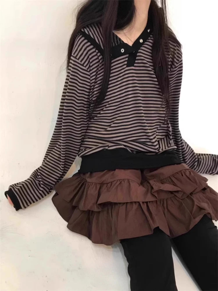 Aiertu  -  Korean Y2k Aesthetics Vintage Stripe Single Breasted Tshirts Women Harajuku Hooded T-shirt Streetwear Grunge Casual Loose Tees Aiertu