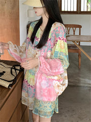 Aiertu  -  Sunscreen Printed Vintage Women Sets New Blouses India Folk Gentle Summer Full Sleeve Stylish Chic Casual Suit Shorts Aiertu