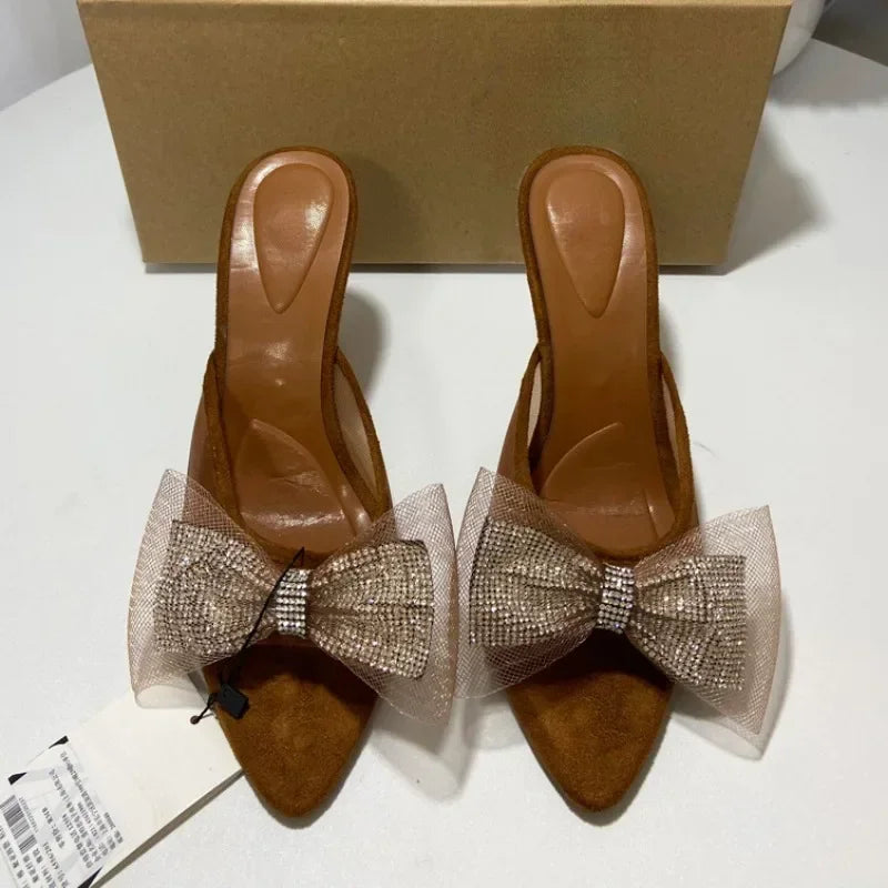 Aiertu  -  Summer Pointed Shoes Woman Open Toe High Heels Shallow Diamond Shining Butterfly-Knot Slingbacks Mesh Ladies Mules Sandals Aiertu