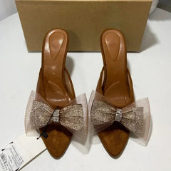 Aiertu  -  Summer Pointed Shoes Woman Open Toe High Heels Shallow Diamond Shining Butterfly-Knot Slingbacks Mesh Ladies Mules Sandals Aiertu