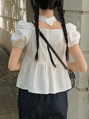 Aiertu  -  Summer Sweet Square Collar Women's Pullover Chiffon Shirt Fashion Folded Lace Bow Versatile Female Slim Fit Fluffy Sleeve Shirt Aiertu