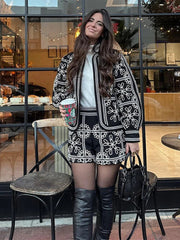 Aiertu  -  Casual Printed Jacket Shorts Set Women O-neck Long Sleeve Cardigan High Waist Shorts Suit Female Autumn Lady High Street Outfit Aiertu