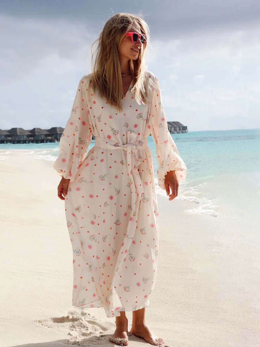 Aiertu  -  New 2026 Autumn Women's V-neck Long Sleeve Floral Print Beach Dress Female Casual Loose Chiffon Long Vacation Dresses with Belt Aiertu