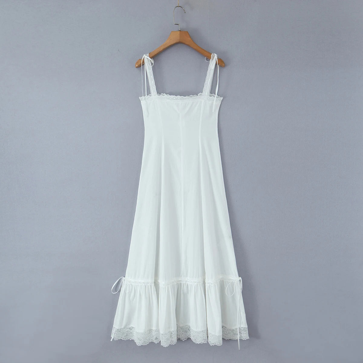 Aiertu  -  White Spliced Lace Slash Collar Corset Style Ruched Low Waist Midi Long Sling Dress Women Ribbon Swing Dresses Summer Robe Aiertu
