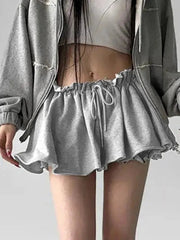 Aiertu  -Basic Gray Drawstring Ruffle Trim Mini Skirt aiertu