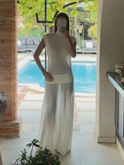 Aiertu  -  Elegant White Mesh Patchwork See Through Long Dress Women Fashion O-neck Sleeveless Slim Dresses New Lady Sexy Party Vestidos Aiertu