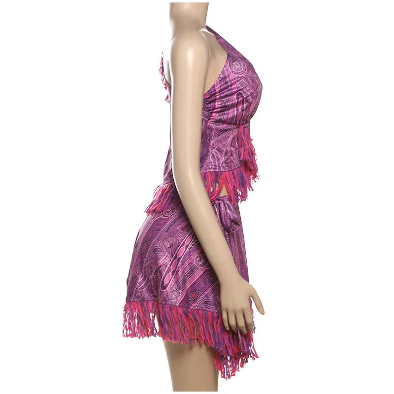 Aiertu  -  Printed Tassles Patchwork Backless Mini Dress Women Skew Collar Hollow Out Sleeveless A-line Dresses 2025 Summer Vacation Outfit Aiertu