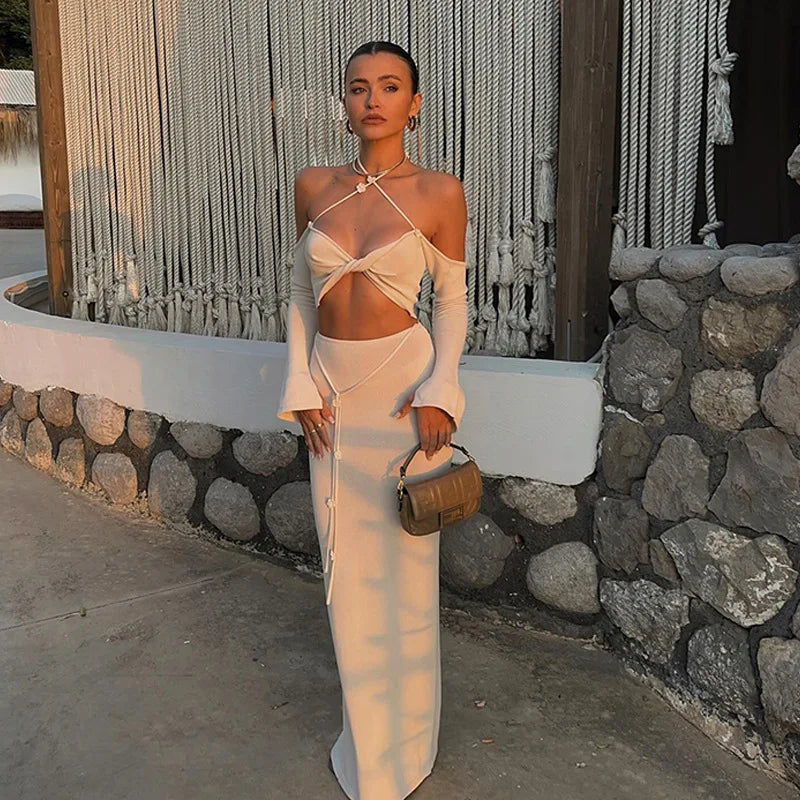 Aiertu  -  Pink Knitted Skirts Sets Women Off Shoulder Long Sleeve Crop Tops+Long Skirt Summer Holiday Sexy Bikini Cover-up 2 Piece Set New Aiertu