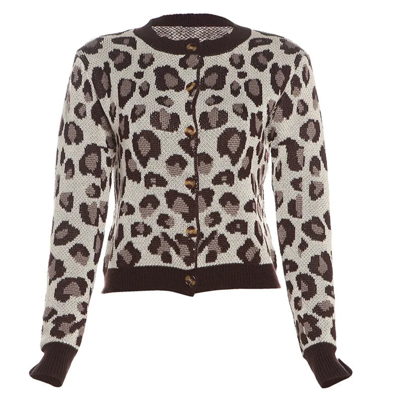 Aiertu  -  Fashion Leopard Printed Sweater Cardigan Autumn Long Sleeve O Neck Single-breasted Knit Tops Vintage Y2K Outerwears 가디건 Aiertu