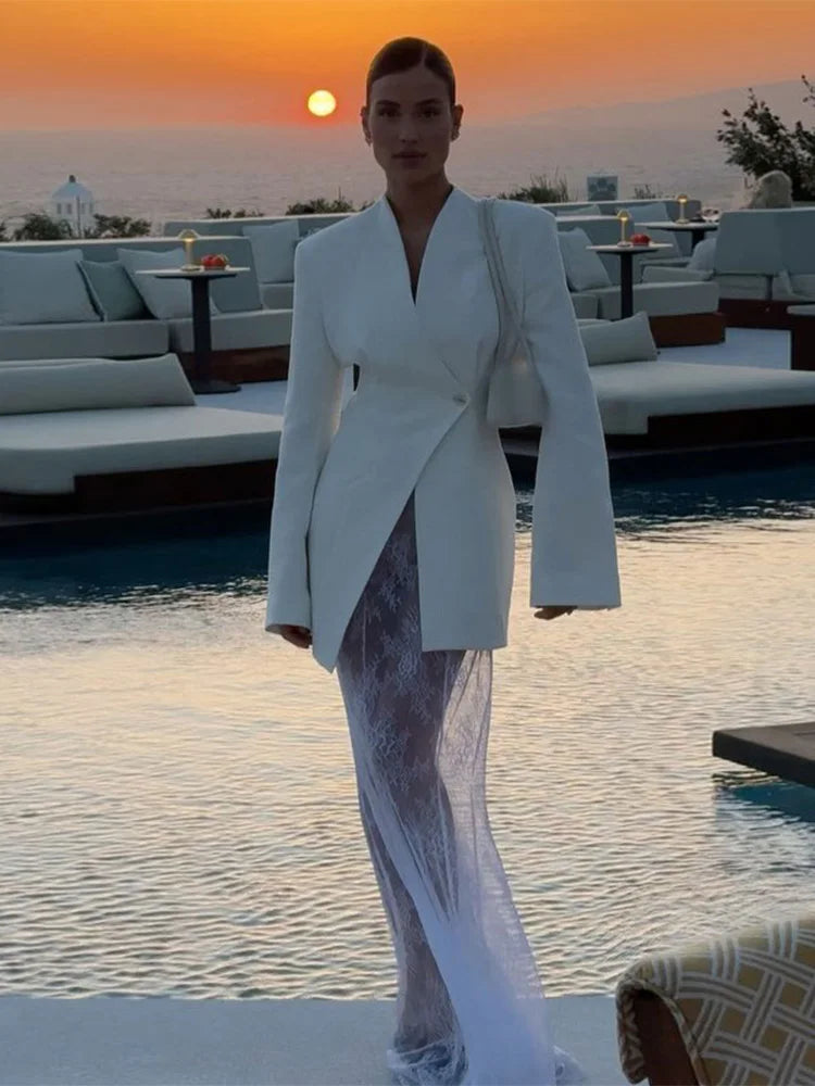 Aiertu  -  Chic Luxury White V Neck Suit Jacket Women Elegant Retract Waist Long Sleeves Office Coat Autumn Lady High Street Outerwear Aiertu