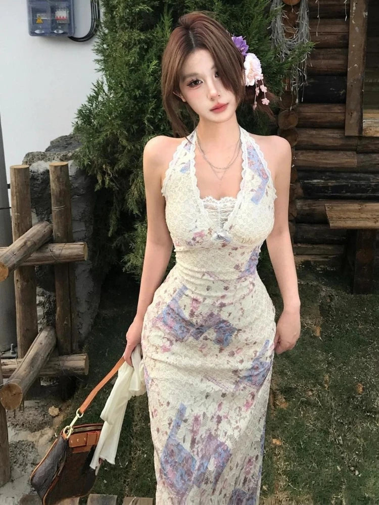 Aiertu  Sexy Two Pieces Set Sun Protection Crop Cardigan + High Waist Halter Print Backless Bandage Drees Femme Outfit Y2k Aesthetic Aiertu