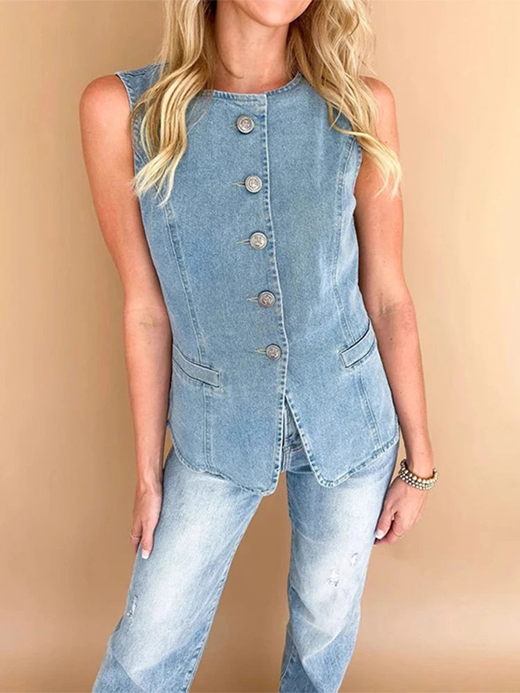 Aiertu  -  Fashion Denim Tank Women High Street O-neck Sleeveless Single Breasted Slim Female Tanks 2025 Spring Chic Casual Solid Lady Vest Aiertu
