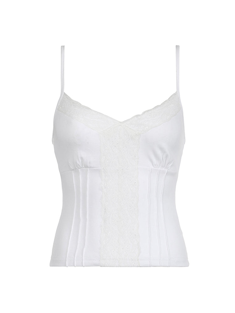 Aiertu - summer inspo Hot Black Solid Lace Patchwork Slim V Neck Basic Cute Camisole Women White Y2K Crop Top Aiertu