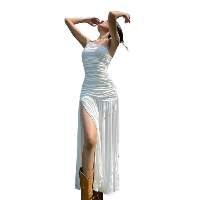 Aiertu  -  Summer High Slits Temperament Dress Biased Collar Backless Folds Skinny Sleeveless Vacation Beach Party Classic Vestidos Aiertu