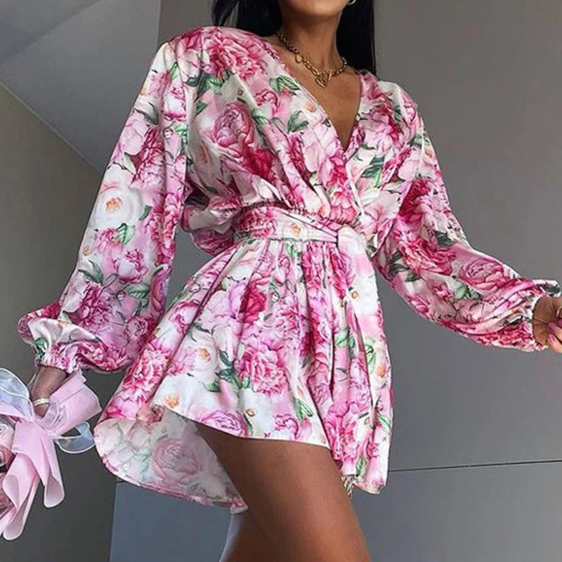 Aiertu  -  Spring Fashion Flower Print Short Jumpsuit Women Elegant V Neck Lace-up Romper Playsuits Autumn Long Sleeve Office Lady Overalls Aiertu