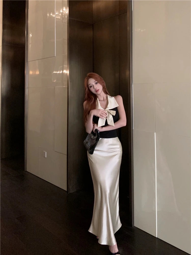 Aiertu  -  Bow temperament collar hanging neck vest satin fish tail half skirt two-piece set women's summer fashion beautiful set Aiertu