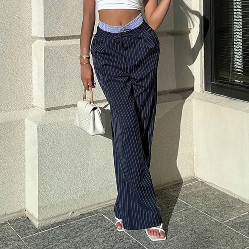 Aiertu  -  Contrast Hight Waist Patchwork Fashion Wide Leg Pants Striped Casual Loose Fit Straight Trousers Chic Y2K Streetwear Aiertu