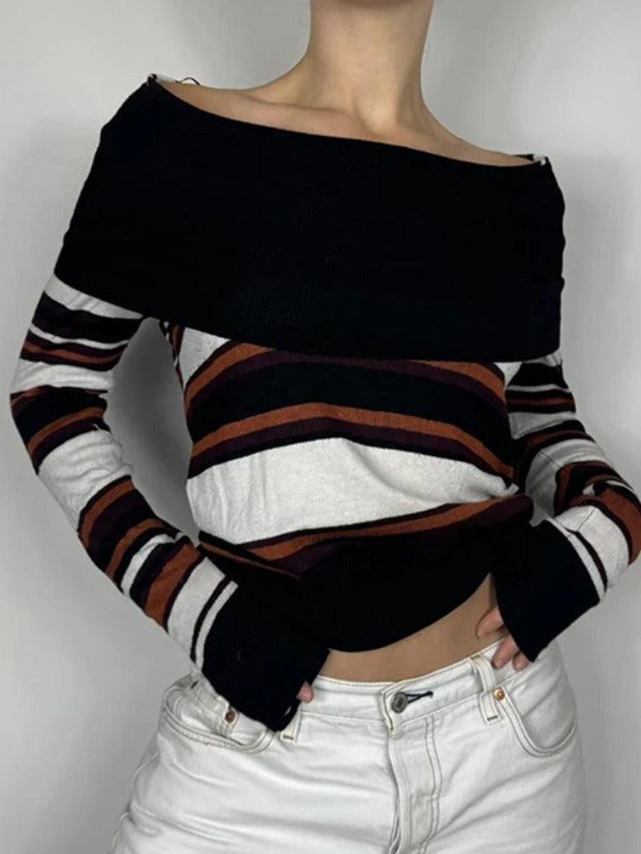 Aiertu  -Off Shoulder Striped Print Sweaters aiertu