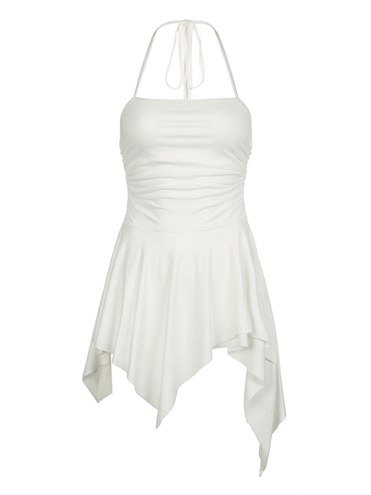 Aiertu - summer inspo Backless Halter Lace Up Sexy Boho Asymmetrical Short Dress For Women Sleeveless Skinny A Line Rave Baddie Vacation Outfits Aiertu