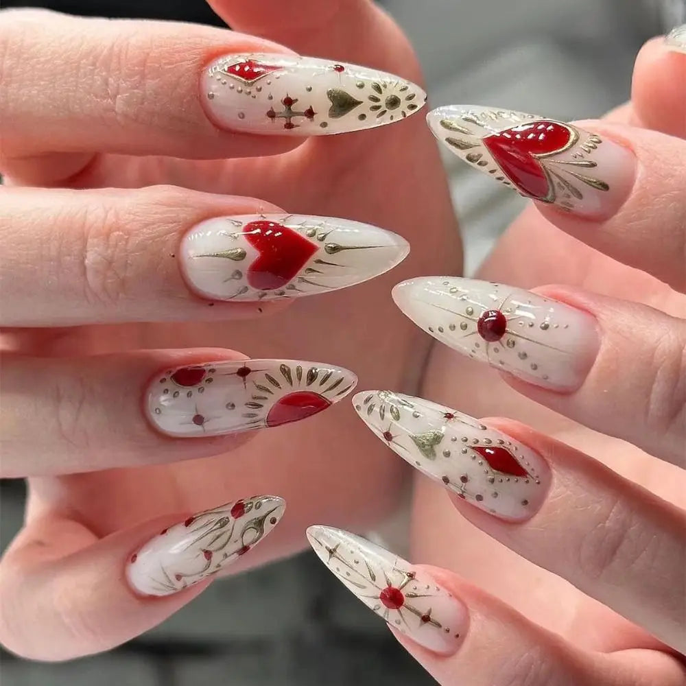 Aiertu  -  Manicure Long Almond False Nails Elegant 3D Butterfly Love Heart Press on Nails Star Detachable Nail Tips Women Aiertu