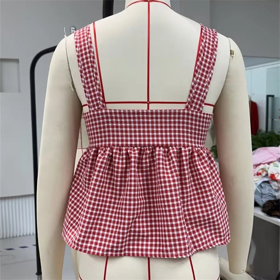 Aiertu  -  Y2k Tank Top Sleeveless Women Red Gingham Bow Tie Down Camisole Ruffle Hem Peplum Tops Summer Streetwear Aiertu