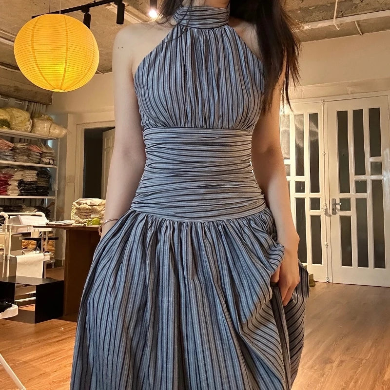 Aiertu  Stripe Halter Backless Pleated Fashion Elegant Casual Bodycon Midi Dress Spring Summer Fashion Party New Women Vestidos Aiertu
