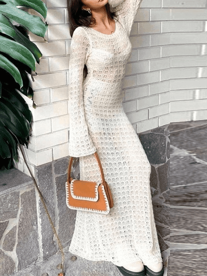 Aiertu  -  Crochet Hollow Backless Long Sleeve Cover Up Maxi Dress Aiertu