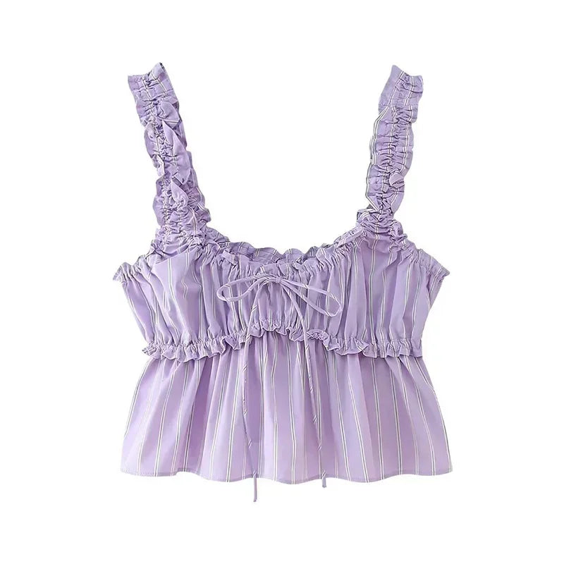 Aiertu  -  Casual Striped Ruffles Top Pants Suit Women Lace-up Sleeveless Pleated Vests Loose Wide Leg Trouser 2026 New Lady Set Streetwear Aiertu