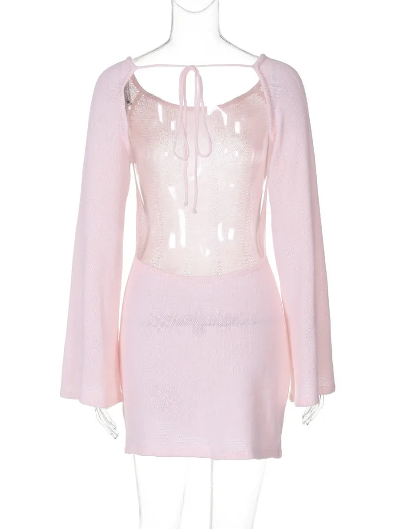 Aiertu  -  Womens Flare Sleeve Lace-up Backless Pink Sweater Dress Ladies Autumn High Waist Hollow Out Knitted White Party Vacation Dresses Aiertu