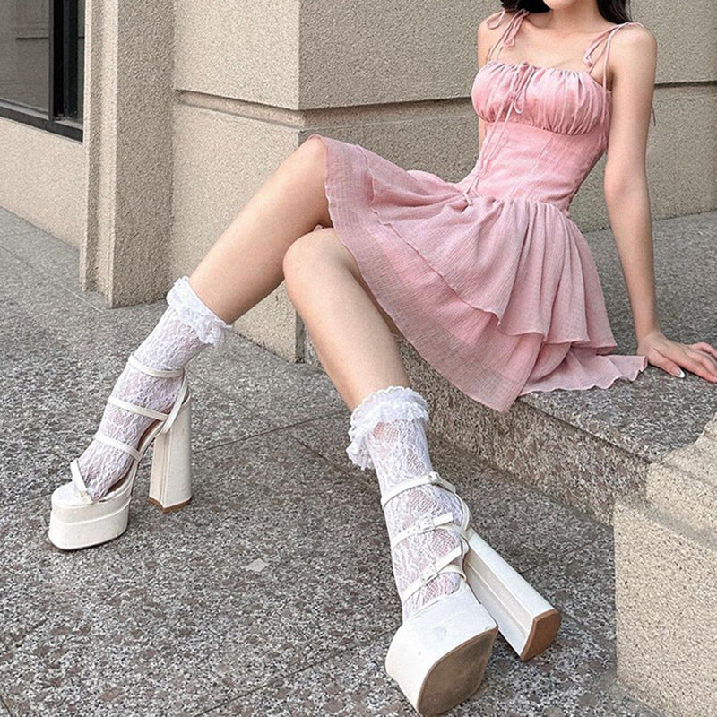 Aiertu - Lace Up Ruffle Corset Mini Dress Aiertu