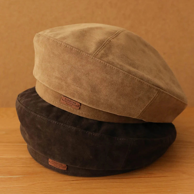 Aiertu  -  Winter Suede Beret Hat for Men Women Leather Label Newsboy Hat Outdoor Warm Thickened Berets Retro Texture Versatile Painter Cap Aiertu