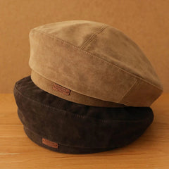 Aiertu  -  Winter Suede Beret Hat for Men Women Leather Label Newsboy Hat Outdoor Warm Thickened Berets Retro Texture Versatile Painter Cap Aiertu