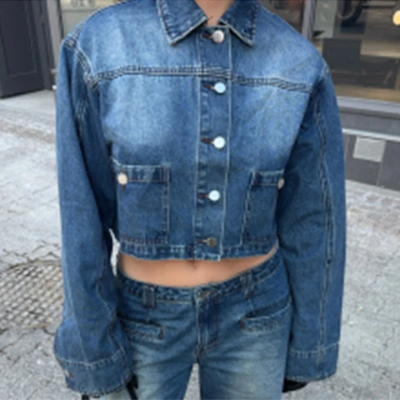 Aiertu  -  Lapel Single-breasted Woman's Denim 2 Piece Sets Vintage Soild Waistless Denim Short Tops Straight Baggy Low Rise Jeans Pants Aiertu
