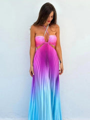 Aiertu  -  New Summer Gradient Halter Pleated Long Dress Sexy Off Shoulder Backless Wrap Chest Sundress Women's Beach Vacation Dress Aiertu