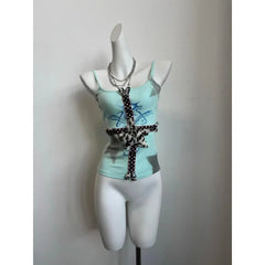 Aiertu  -  Kawaii American hot girl Mint green leopard cross star pattern love print suspender T-shirt for women summer sleeveless slim top Aiertu