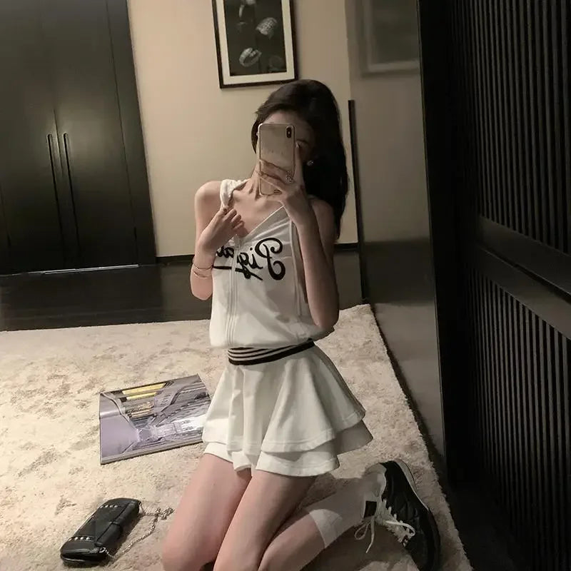 Aiertu  -  Sweet Hot Girl Casual Suit Women's Summer Gray Printed Zipper Hooded Vest High Waist Skirt Two-piece Set Fashion Female Clothes Aiertu