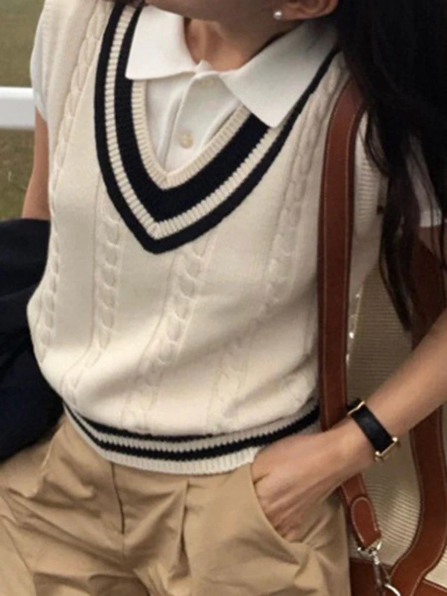 Aiertu  Flower Knitted Vest Women Autumn New Contrast V Neck Sleeveless Jumper Pullover Fashion Casual Sweater Waistcoat Aiertu