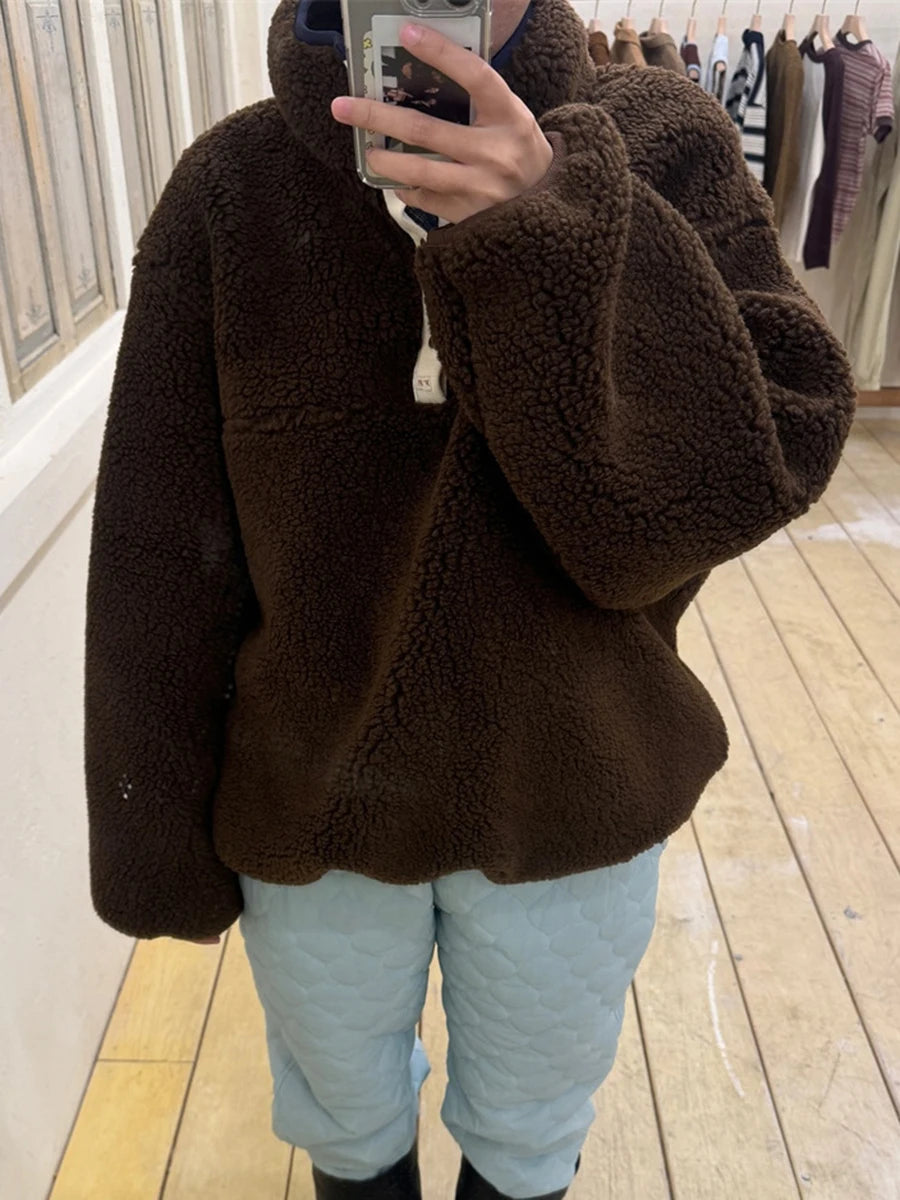Aiertu  -  Korean Fashion Solid Lambswool Sweatshirt Women Winter New Buttons Collar Warm Pullover Vintage Loose Long Sleeve Sweatshirts Aiertu