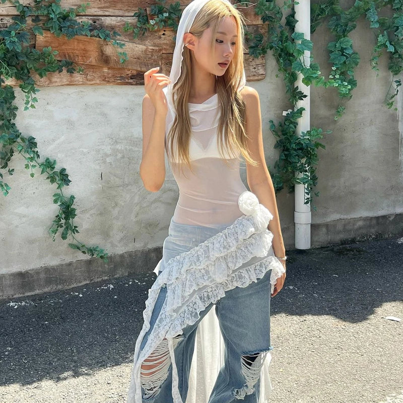 Aiertu  -  Ruffled Mesh Patchwork Lace Hooded Dress For Women Sexy Street Hottie Irregular Solid Color Frill Summer New Long Dress Aiertu