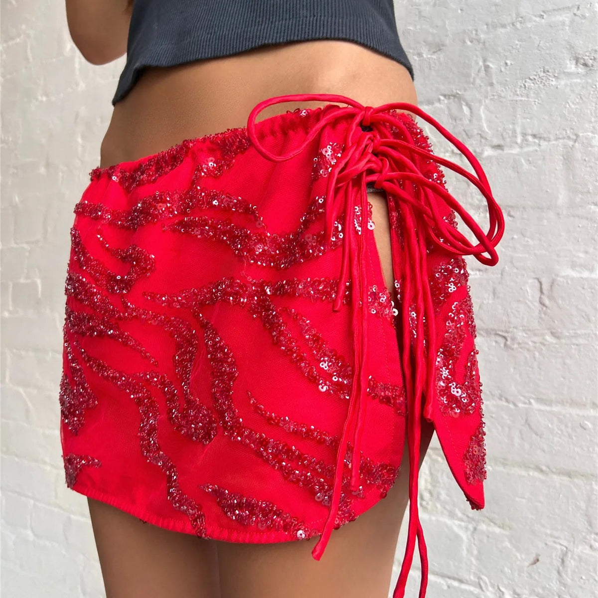 Aiertu  -  Sequin Bead Print Women's Mini Skirt Lace Up Flower Slim Short Straight Skirt Summer Beach Vacation Female's Skirts Aiertu