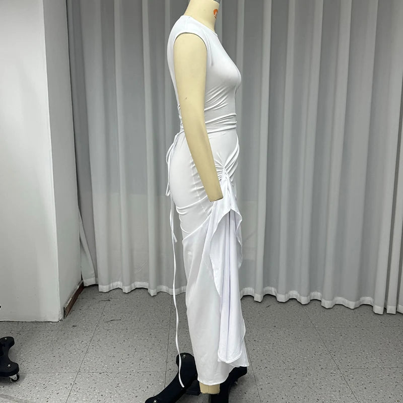 Aiertu  -  Long Dress Women Fashion Casual Solid Round Neck Short Sleeve Irregular Twisted Pleated Lace Up Nipped Waist Slit Dress Aiertu
