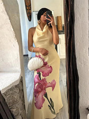 Aiertu  -  Retro Print Hang Neck Long Dress Women Elegant Sleeveless Backless Female Dresses Summer Sexy Slim Lady Evening Party Robe Aiertu