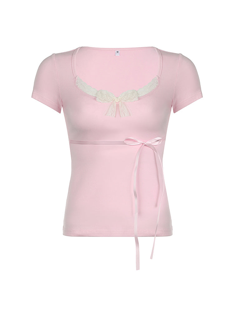 Aiertu - summer inspo Japanese Kawaii Contrast Lace Tie Bow Square Collar Slim Short Sleeve Black T Shirt Women Pink Sweet Balletcore Cute Tees Aiertu