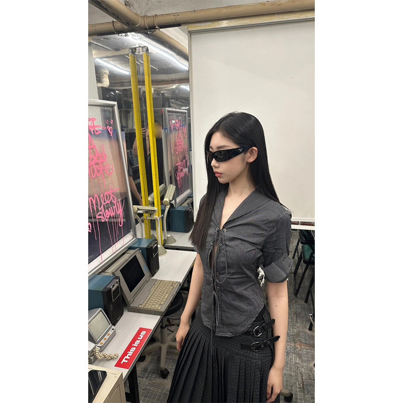 Aiertu Vintage Cropped Striped Shirts Women Y2K Aesthetic Sexy Hollow Out Bandage Blouses Summer Harajuku Korean Slim Tops New Aiertu