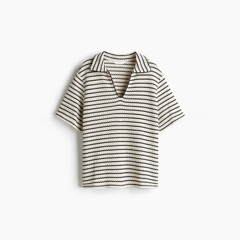 Aiertu  -  Striped Knitted Pullover Pants Sets Women Polo Collar Short Sleeve Tops Straight Trousers Suits Commute Summer 2026 Loose Outfit Aiertu