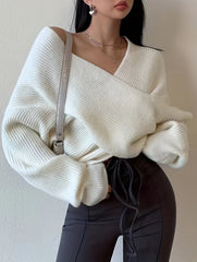 Aiertu Solid Cross Front Knit Sweater, Sexy V Neck Long Sleeve Loose Fashion Sweater, Women's Clothing Aiertu