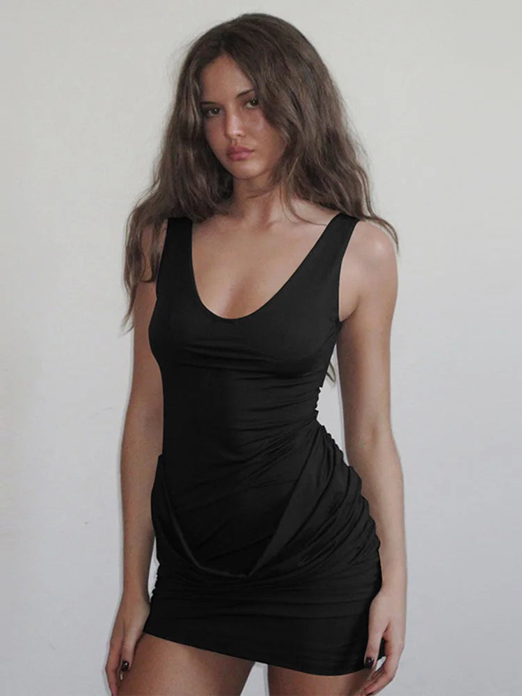Aiertu  -  layered look inspo Sleeveless Bodycon Ruched Dress Female Solid Patchwork Mini Dress Vestido Casual Fashion Party Female Dresses High Waist Aiertu