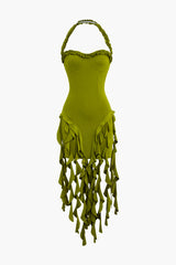 Aiertu  Ruffle Tassel Halter Bustier Mini Dress Aiertu