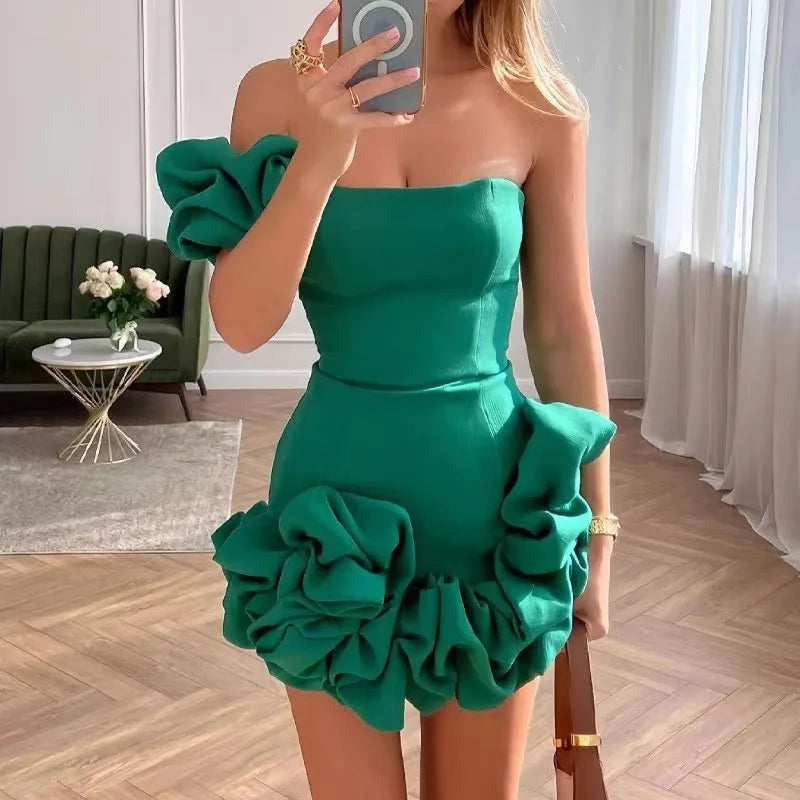 Aiertu Women Mini Dress Sexy Strapless Sleeveless Ruffles Dresses High Waist One Shoulder Elegant White Temperament Bodycon Vestidos Aiertu